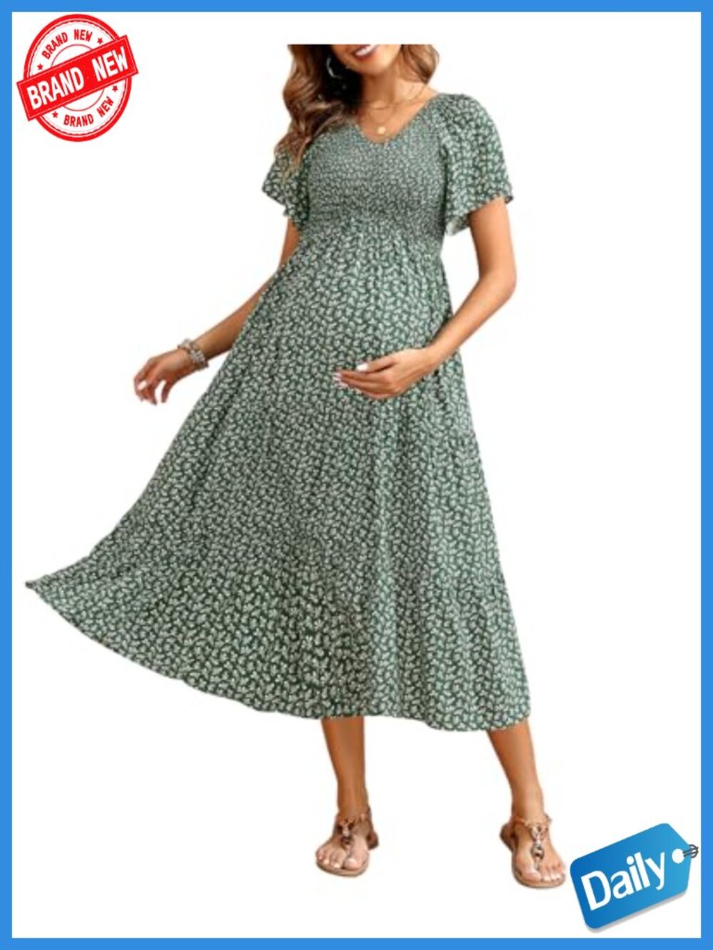Maternity Midi Dress Smocked V-Neck Flutter Sleeve A-Line Baby Shower Photoshoot